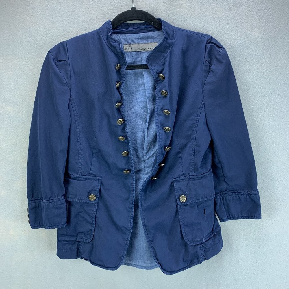 Zara Basic Blazer Jacket Womens Medium Blue‎ Open Front Lightweight Military
